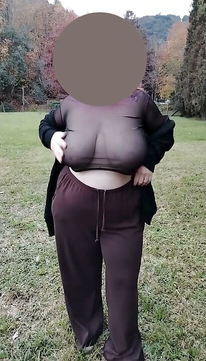 My stepmother walking in a transparent T-shirt.
