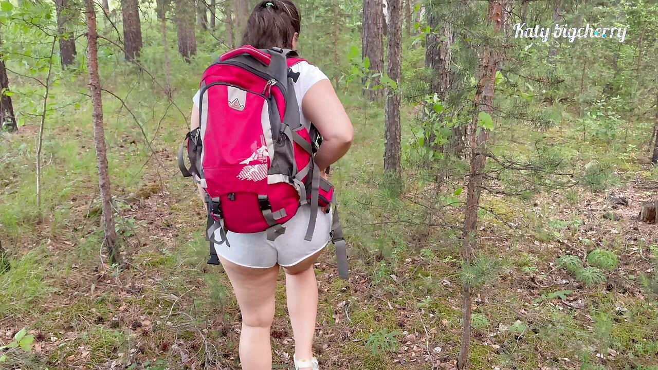 Big-boobed girl got lost in the woods, but found a dick in outdoor