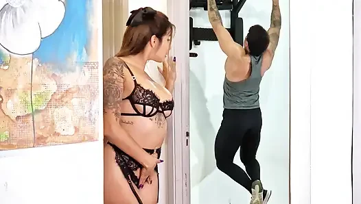 Stunning MILF in lingerie asks her stepson to fuck her while her husband is away!