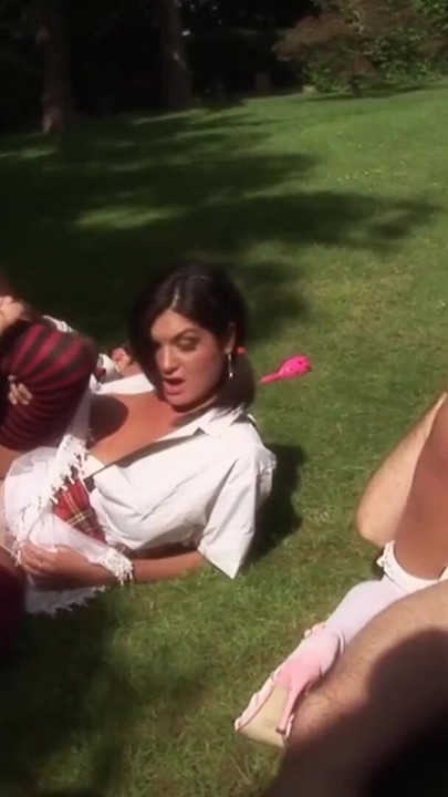 Blonde milf dressed up as Alise in Wonderland gets into an intense outdoor group role play action | Clip 2