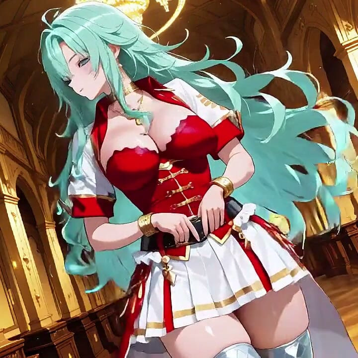 Golden Hall Fantasy! Green-haired Knight in Red-white Armor Kneeling, Teasing with Floating Magic Books - Divine Meets Carnal!