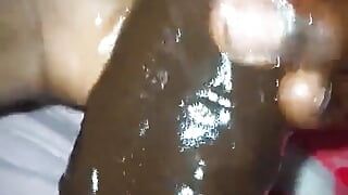 Chocolate meat stick - jacking off his big black dick with oil