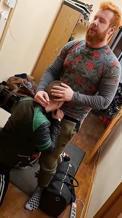 Ginger Guy in Leather Gets on His Knees - Gay Amateur Blowjob