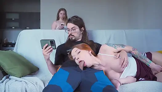 A Step Sister replaces her Step Bro's GF when she gets a call, but the girlfriend finds out and joins them