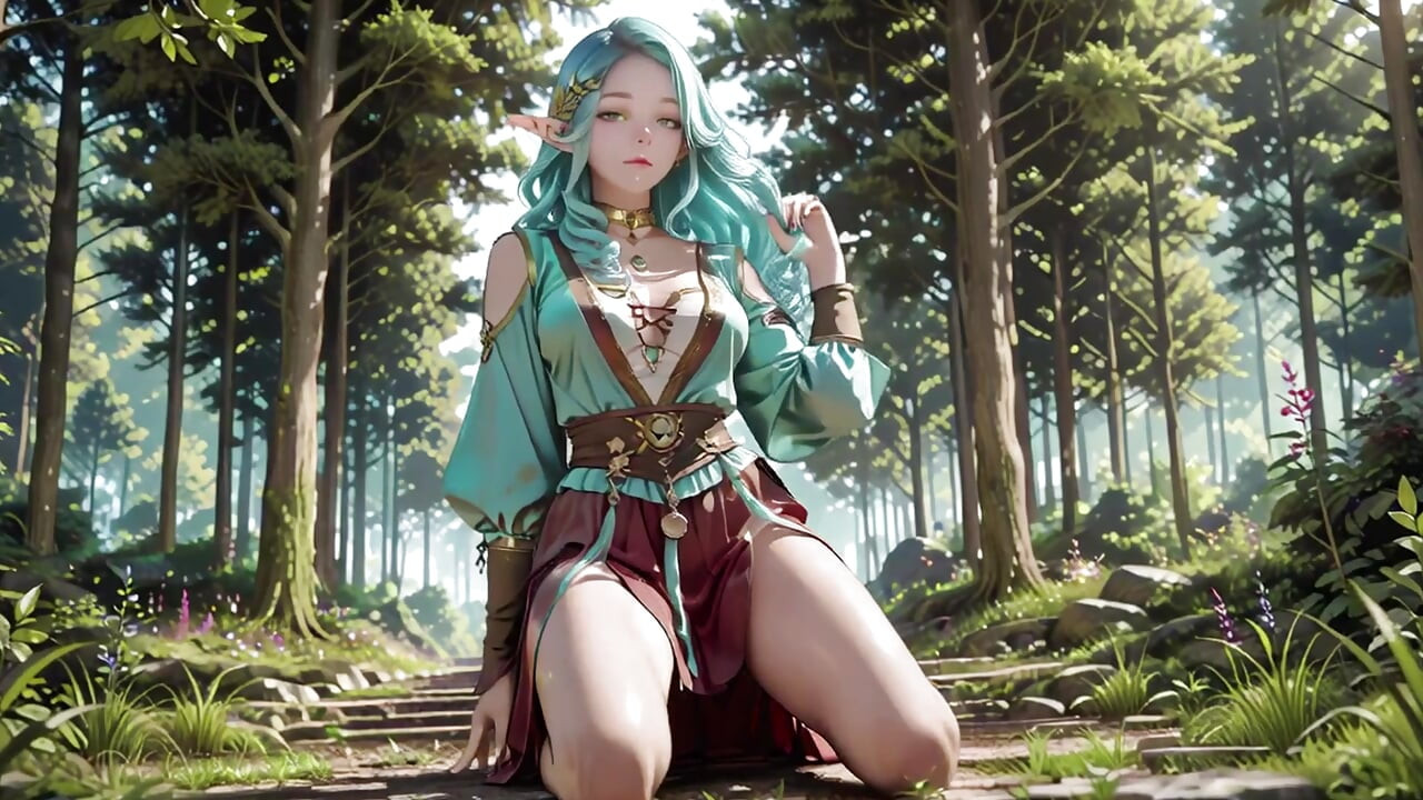 Wald-Fantasy! Grünhaarige Magierin & Blauer Elf bei einem privaten Spaziergang, kniend unter geflecktem Sonnenlicht mit neckischen Zauberstäben.