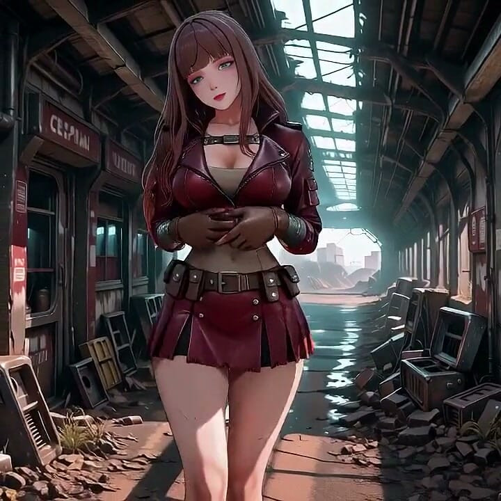 Tight Leather Suit Hugging Her Perfect Hips. She Lounges on the Broken Train Car, Hand Stroking Armor, Eyes Hazy yet Fierce.