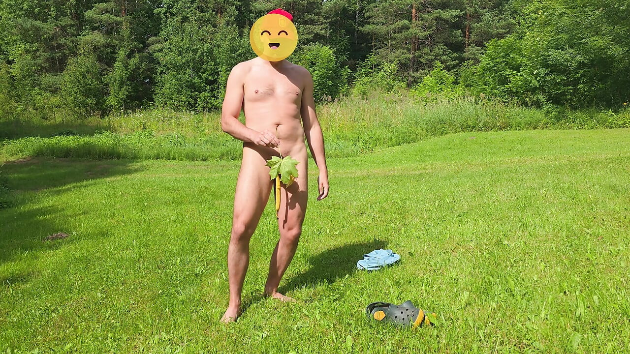 Cumming outdoors with a help of banana peel