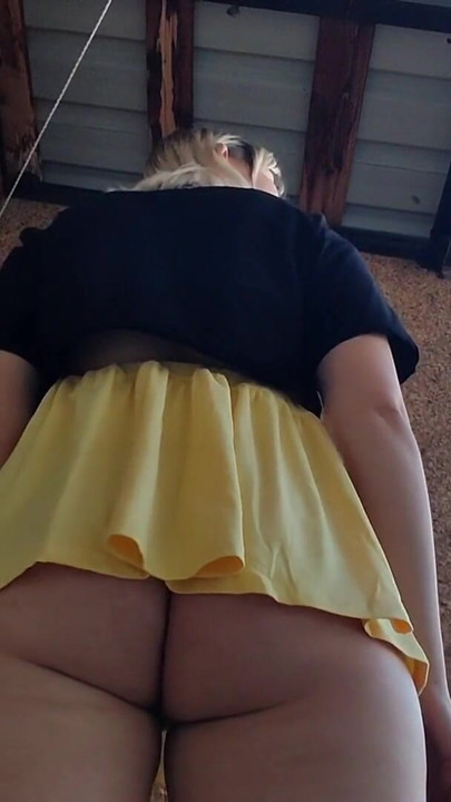 Under skirt view - I Lift My mini Skirt to Show My Bare Pussy in a Public | Clip 1