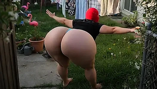Big Ass Neighbor in Tight Light Blue Leggings and Blue Thong in the Patio