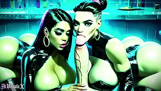 Cewek semok latina berbagi kontol besar di bar cyberpunk - double blowjob & anal (animasi 4k)