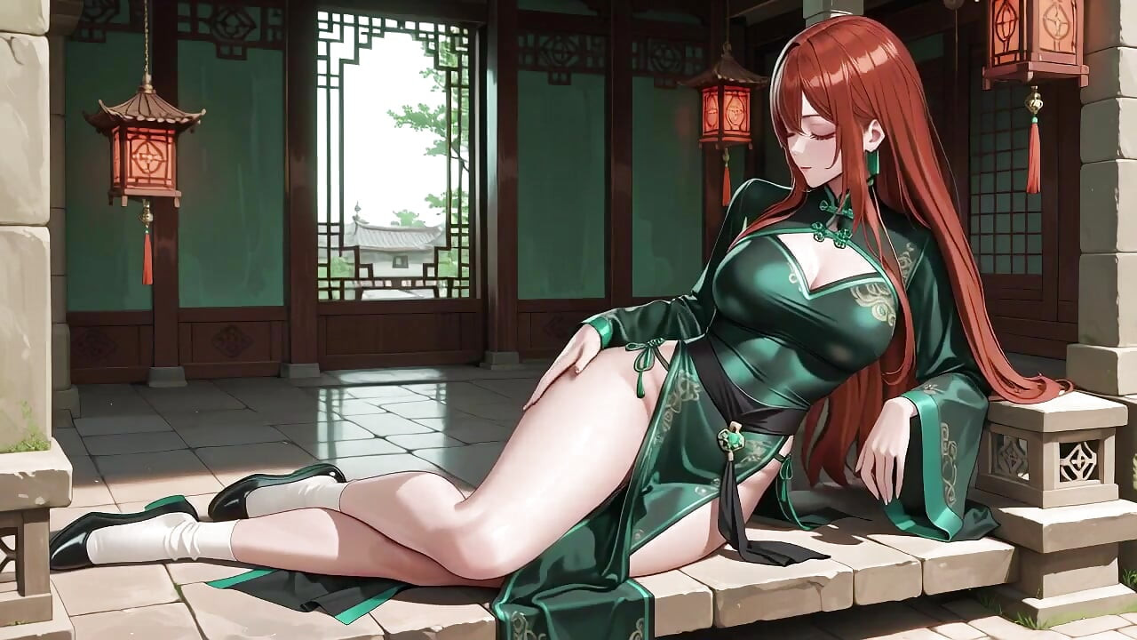Red Hair & Emerald Qipao! Lazy Seduction in the Eastern Courtyard.