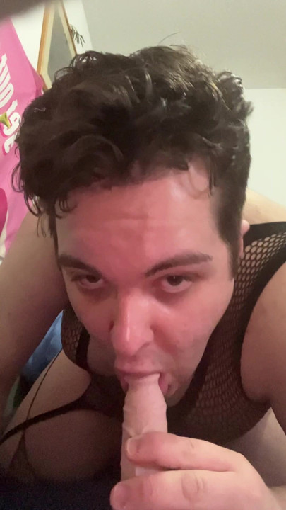fat faggot showing off and sucking dildo