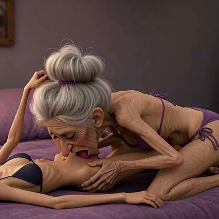 Extremely Skinny Old Woman Licks a Skinny Young Woman's Pussy