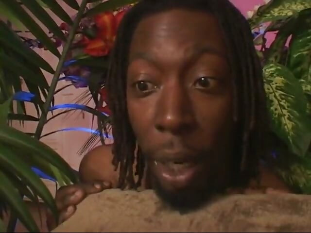 Hung stud shoves his hard cock down chocolate whores throat and pussy