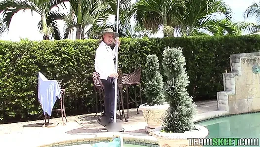 Tiny hot teen lets the pool boy fuck her