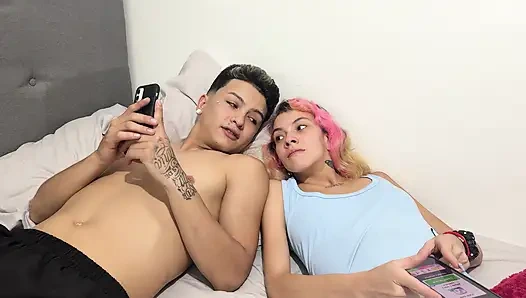 Hot stepbrother couple have sex while their stepfather is not watching.