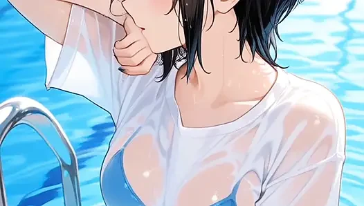 Ibu-ibu seksi Jepang lagi asik goyangin toket besarnya dengan celana dalam basah di kolam renang