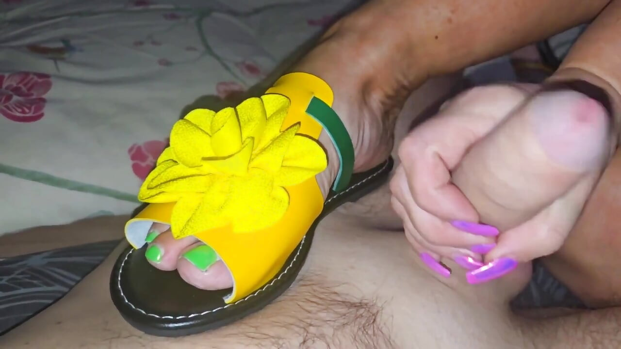 Stepmom in Bright Flip-flops in Bed with Her Stepson