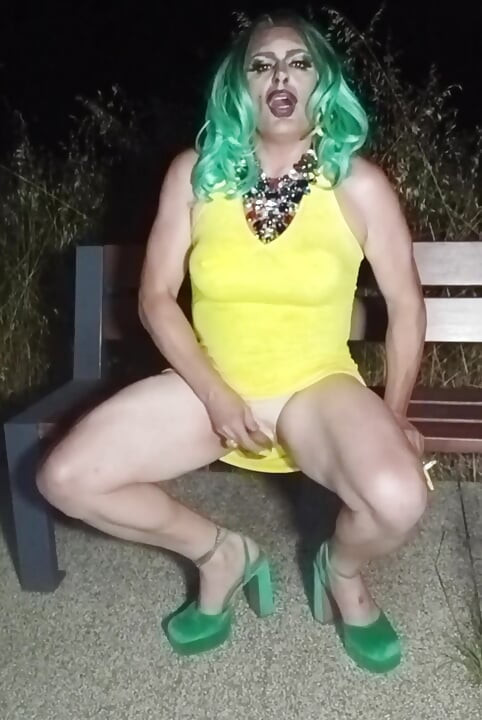 Sexy mature transvestite slut party summer showing off in a public park