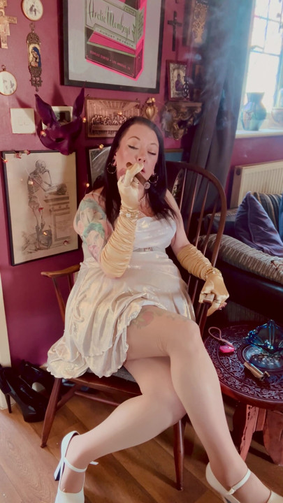 Cigar Smoking Tina Snua In Gold Satin Gloves & Rings - Smoker Smokes OME Drifting Smoke | Clip 1