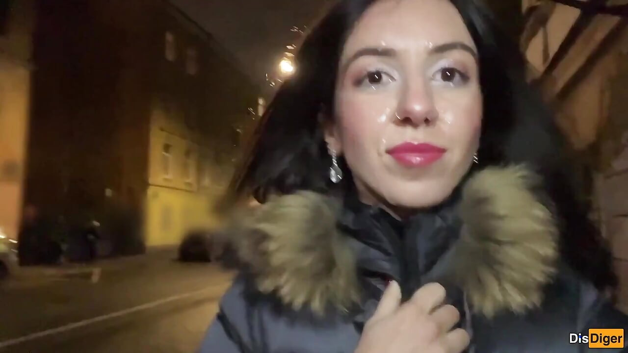 Ruined Makeup Cum on Face - Public Cumwalk on Street Fur Coat