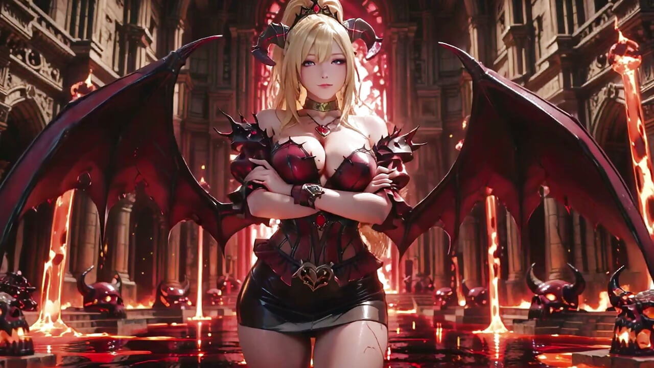 Trono da Lava! Loira Demon Queen se ajoelha e abre asas, provocação preguiçosa com um copo.