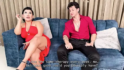Stepmom shows horny stepdaugther how to ride a big dick , MILF rides and begs for cum