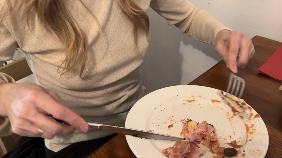 Having Pizza in a sheer blouse in public  in a restaurant exposing my big nipples