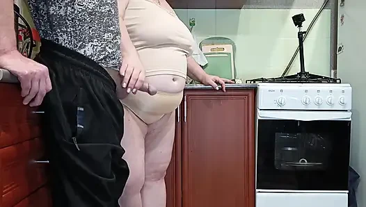 Dick Jerking in the Kitchen and Hot Cum in Stepmom's Mouth