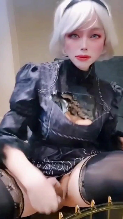2B cosplayer stimulates her fat cock while deepthroats too deeply that bursts into tears. | Clip 1