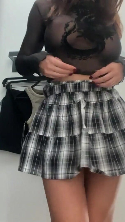 Hot student with big ass try on mini skirts in a dressroom at mall | Clip 1