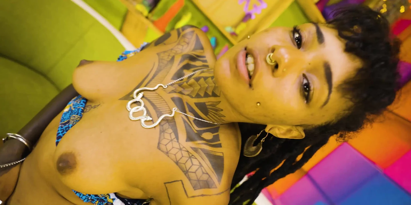 Inked Ebony Goddess Destroys Her Pussy with Huge Dildo