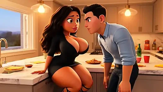 Hot Curvy Married Brazilian Wife Secretly Fucked by Young Neighbor in Kitchen Before Guests Arrive (AI generated)