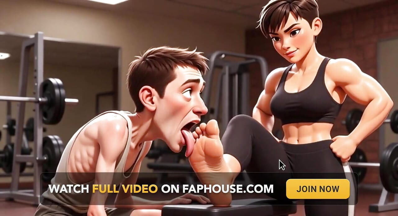 Strong Muscular Woman Makes Skinny Slave Lick Her Feet