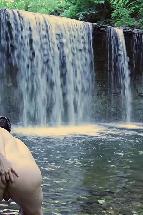 Muscular Asian Hunk Flexes in Speedo by Waterfall - Tight Ass & Hole Tease, Strips Naked & Explodes with Massive Cumshot