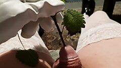 Sounding my tiny sissy cock with stinging nettles and pissing on my sofa.