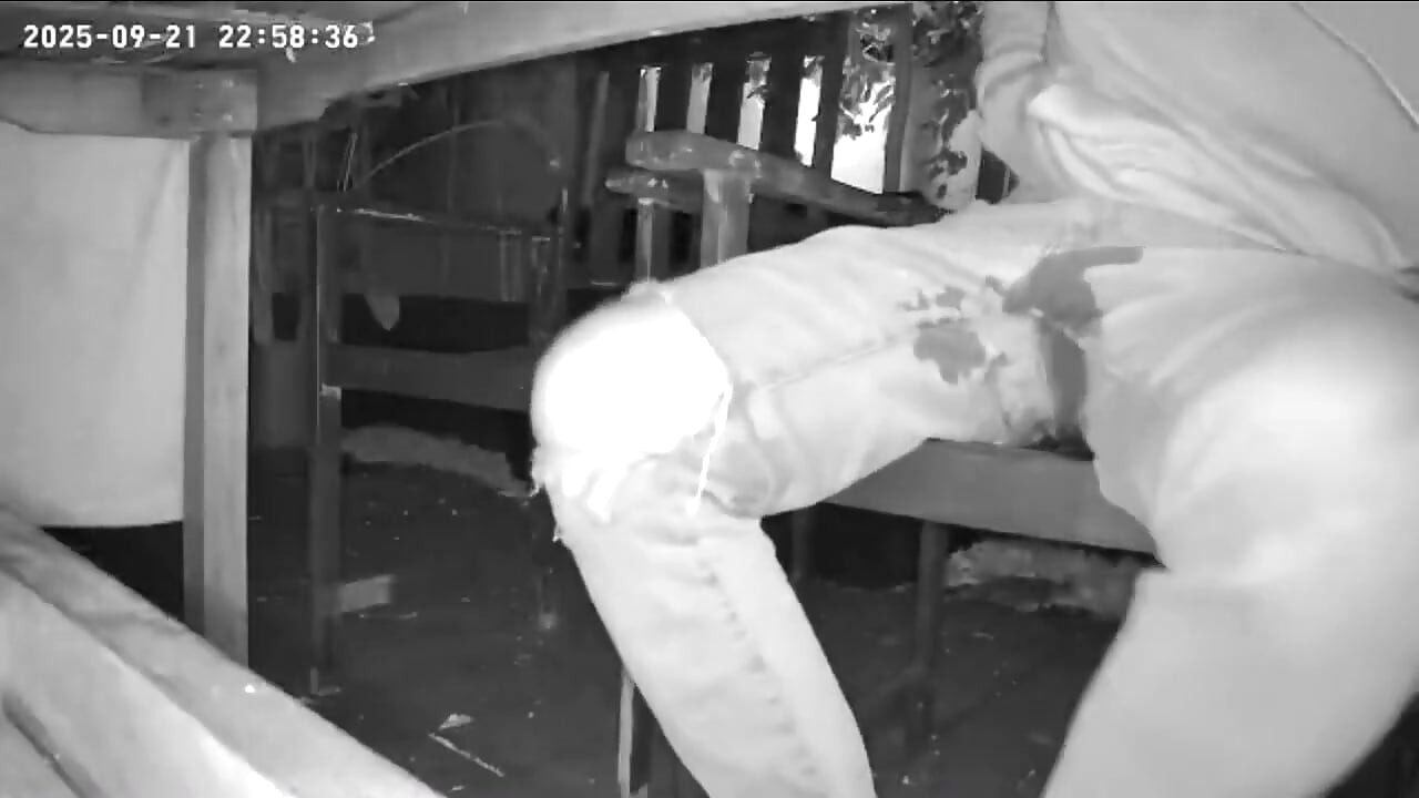 Amateur Boy Caught on Night Vision Cam Peeing Himself Sitting at the Garden Table (he Totally Wets His Pants) )
