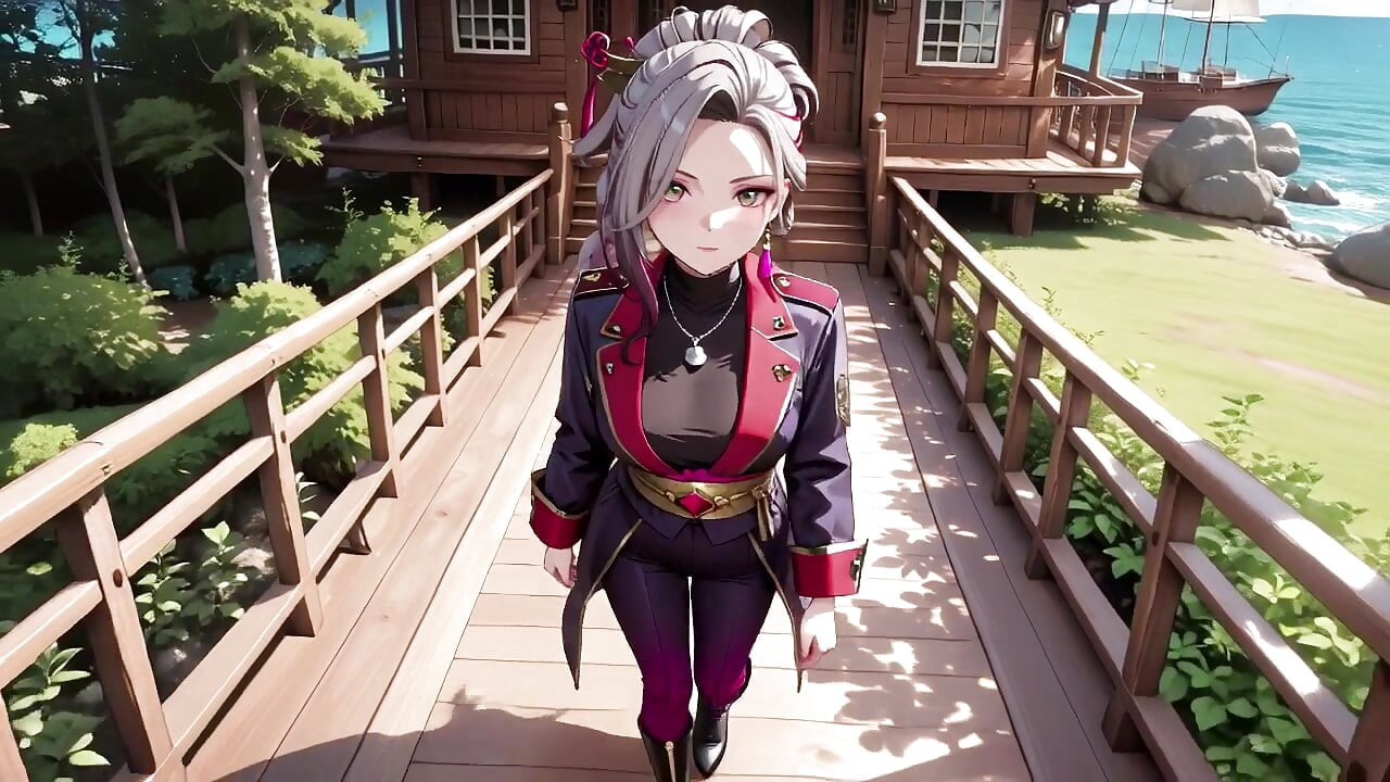 Silver-Haired Pirate Queen! Sun-drenched ship cabin, navy uniform slightly damp, kneeling with a teasing gaze.