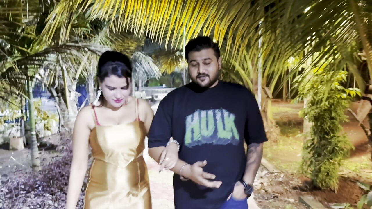 The guy is walking the girl around the garden and asking her to fuck him