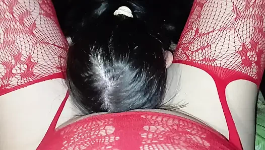 Our skinny brunette neighbor takes turns performing cunnilingus on me and my girlfriend