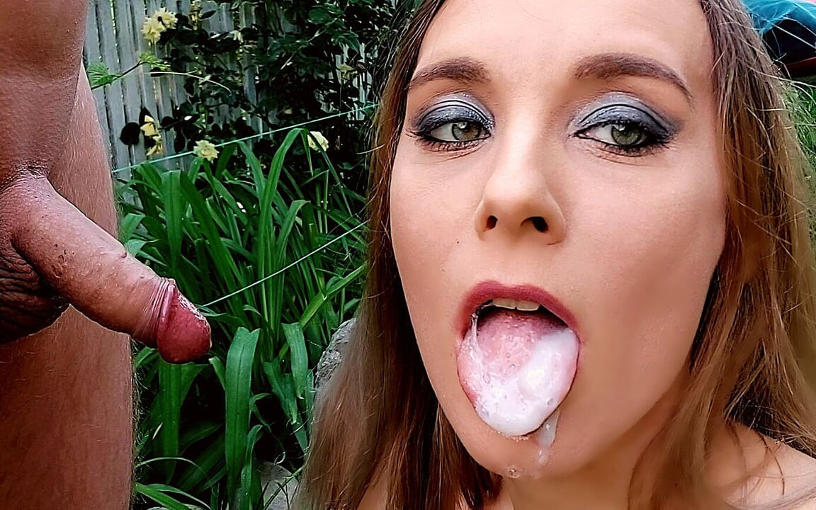 Sloppy blowjob outdoors, lots of spit, drooling and oral creampie, close up