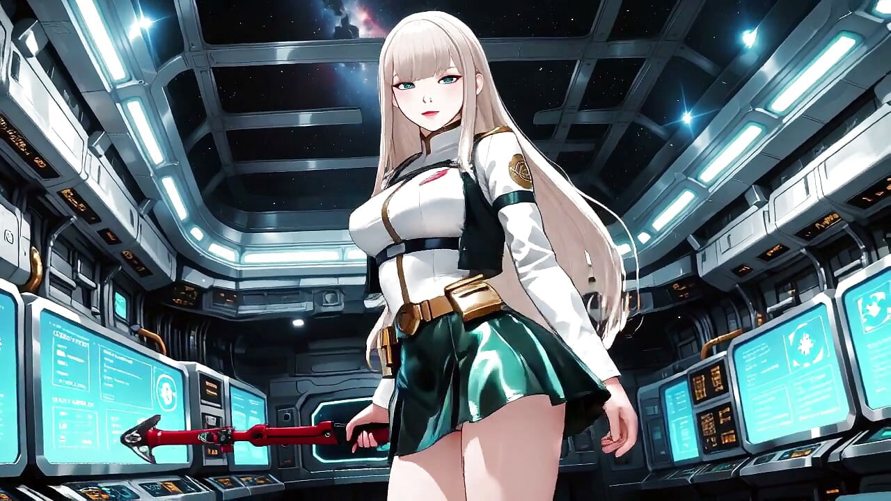 Private moments inside the futuristic spaceship where her white uniform is stretched to perfection.