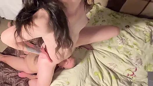 Young wife fucks daddy's face hard several times, hot cowgirl!