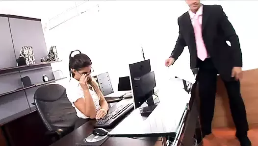 Horny secretary fucked on her desk in lingerie