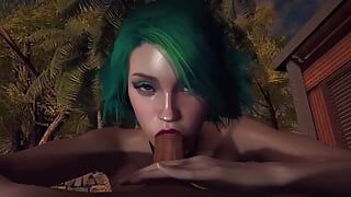 Une fille sexy aux cheveux verts taille une pipe baveuse en POV - court-métrage porno 3D