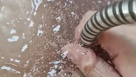 Bbw slave sow uses her clit with hard water jet, bdsm, pain pig, pain ma...