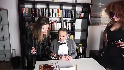 Two femdom chicks whipping and punishing their slave