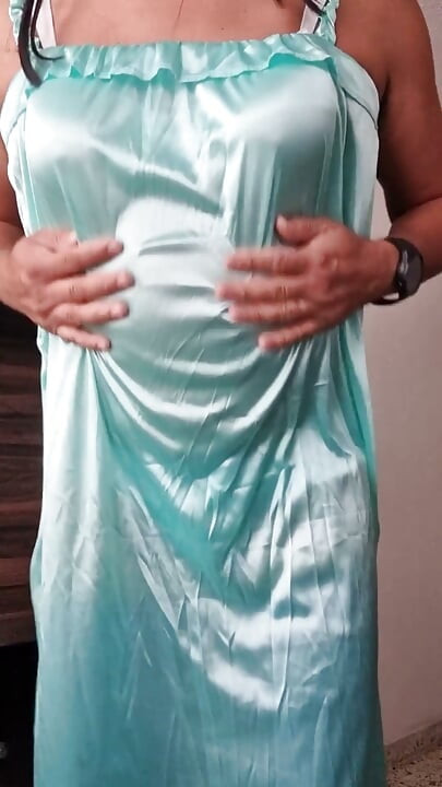 Blue Satin Nightgown, Hands-free Masturbation, Excited with Soft and Delicate Satin Fabric, Satin Panties and Stockings