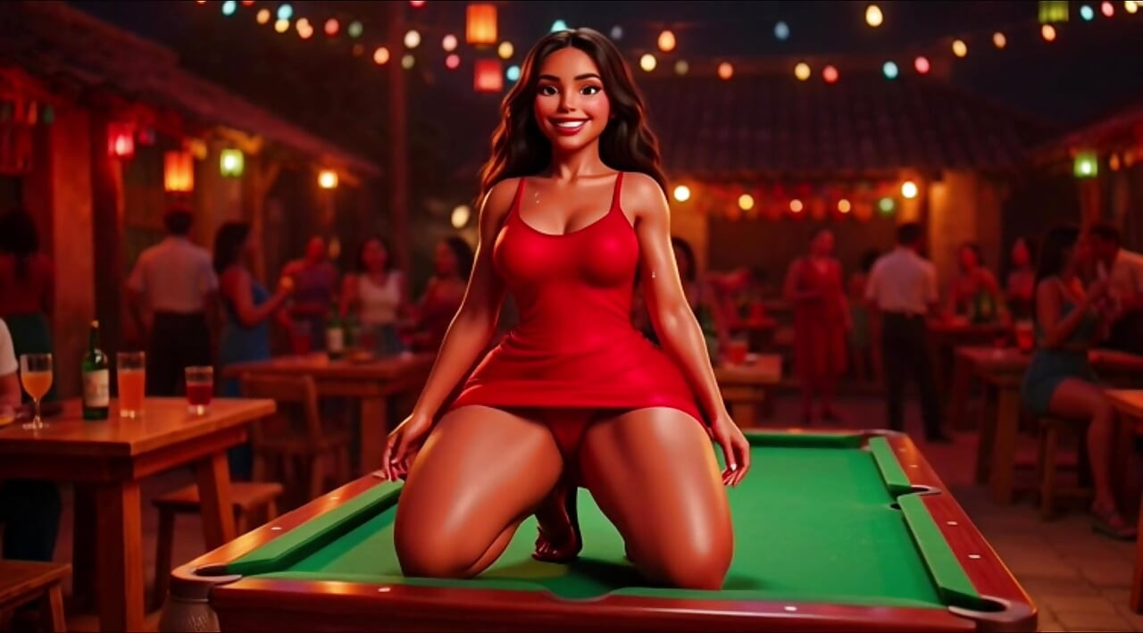 Favelada sexy zvelada cu fundul mare dansează sălbatic la Pagode se dezbracă pe masă apoi se ghemuiește să se pișe pe aleea întunecată