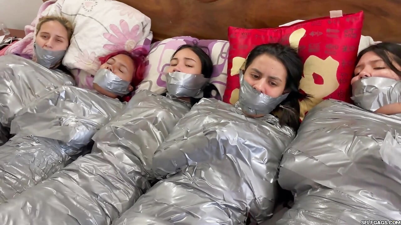 5 Mummified Girls Struggle All Wrapped up and Gagged!